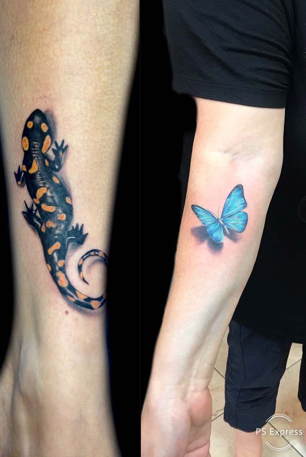 Eidechse und Schmetterling auf dem Arm, Tattoo-Design