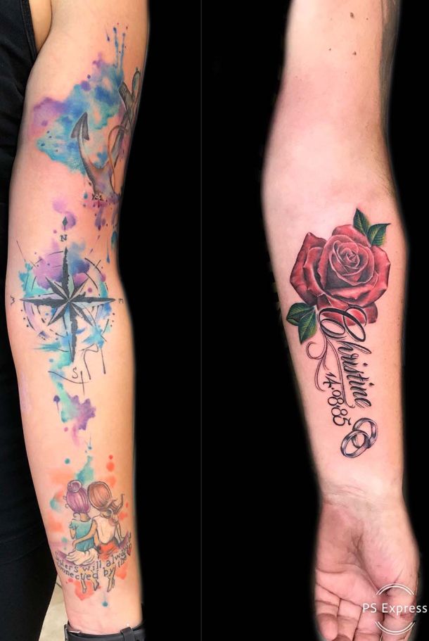 Kompass und Rose auf dem Arm, Tattoo-Design
